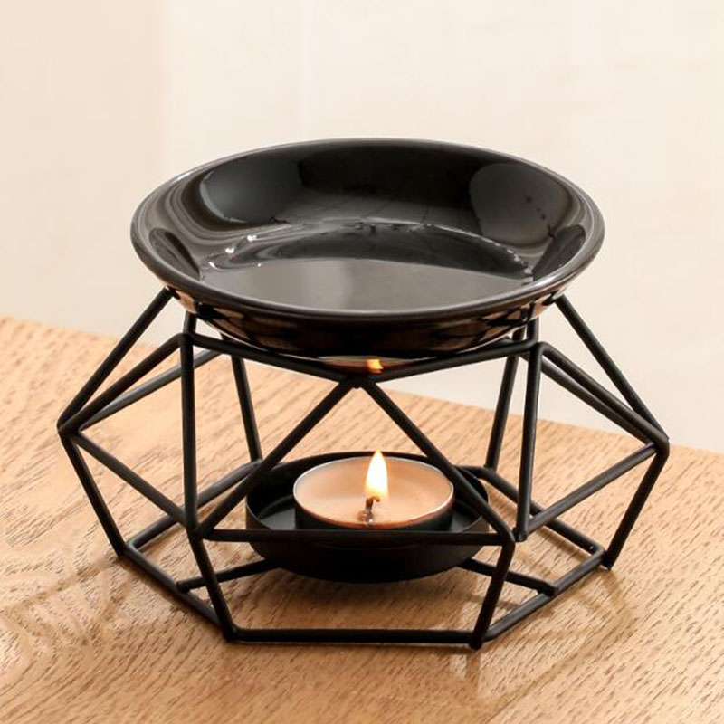 Home Fragrance Oil Burner - Ceramic Bowl Iron Rack Black Color